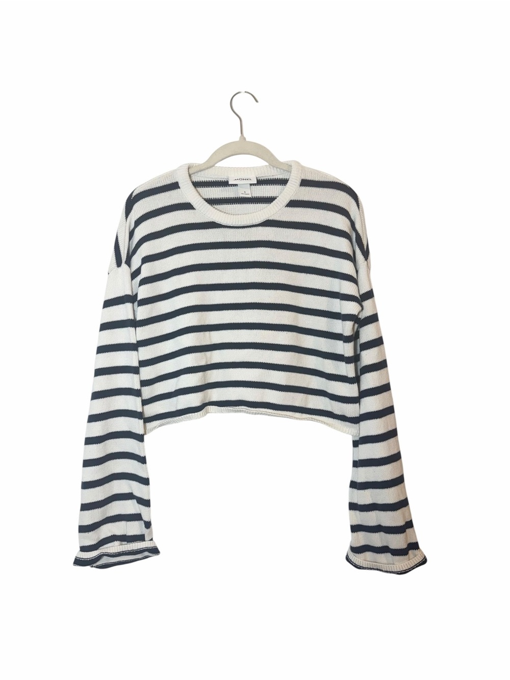 MONKI ASOS Striped Cropped Oversized Cotton Sweater Small Flare Sleeve Coastal